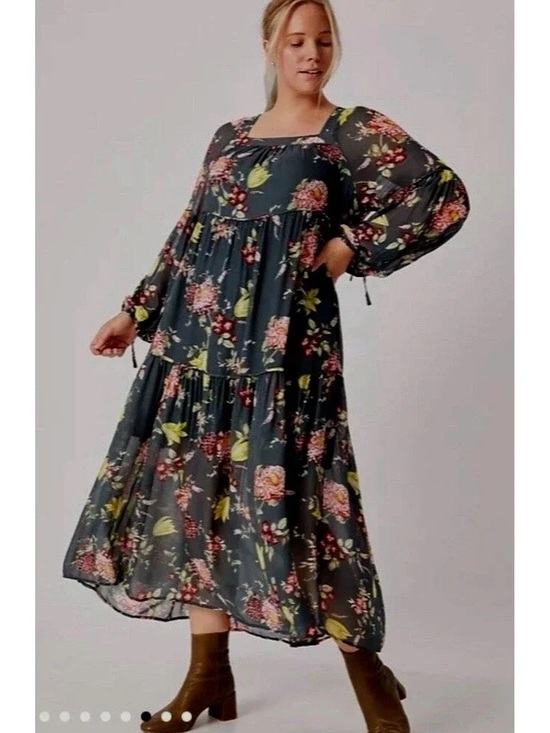 Anthropologie Dresses & Skirts - Anthropologie Size 2X Dark Gray Evelin‎ Green Floral Boho Tiered Maxi Dress
